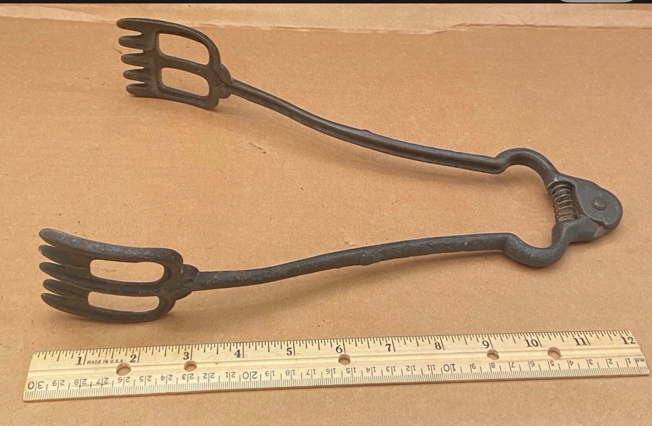 Antique Primitive Cast Iron Coal Wood Tongs, Spring Return