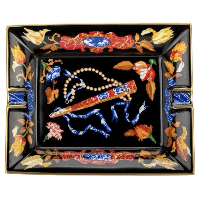Hermès Tray Porcelain Ashtray Change Trinket Oriental Fan Gold Black Vintage 80s