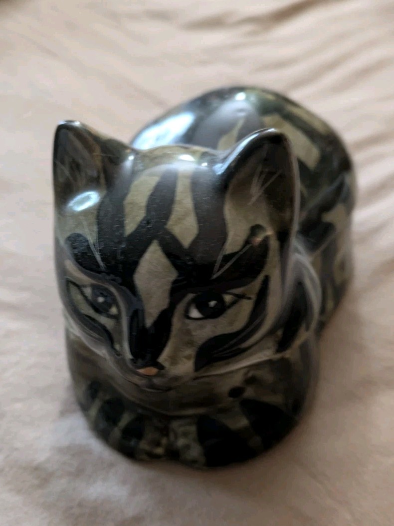 Vintage Seymour Mann Ceramic Porcelain Black Brown Tabby Cat Dish Figurine