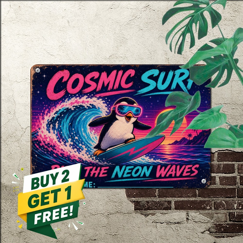 Retro Penguin Surfer Cosmic Sunset Tin Sign Funny Tropical Beach Wall Art