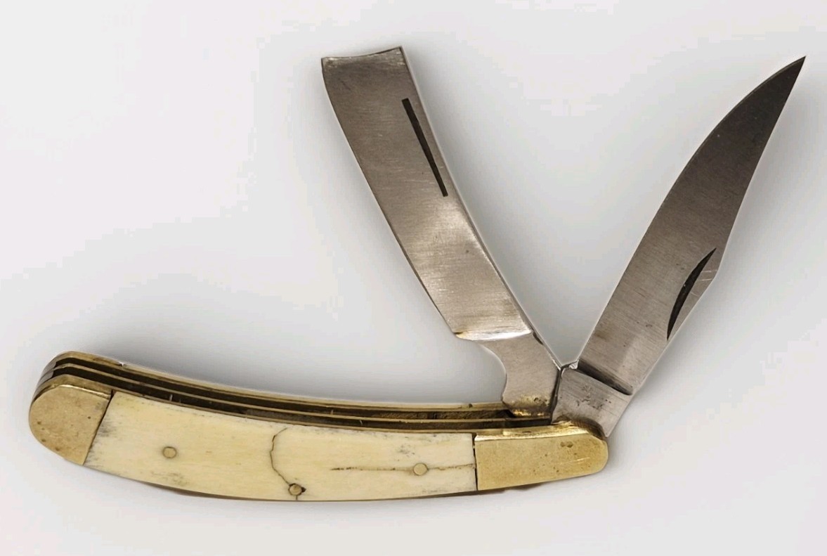 VINT POCKET KNIFE W/STRAIGHT RAZOR WHITE BONE PAKISTAN ~ SIMILAR TO BEAR HUNTER 