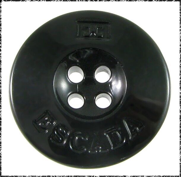 Black Glass Designer Logo Button, ESCADA, 4 Hole Sew Through Verbal, Medium Size