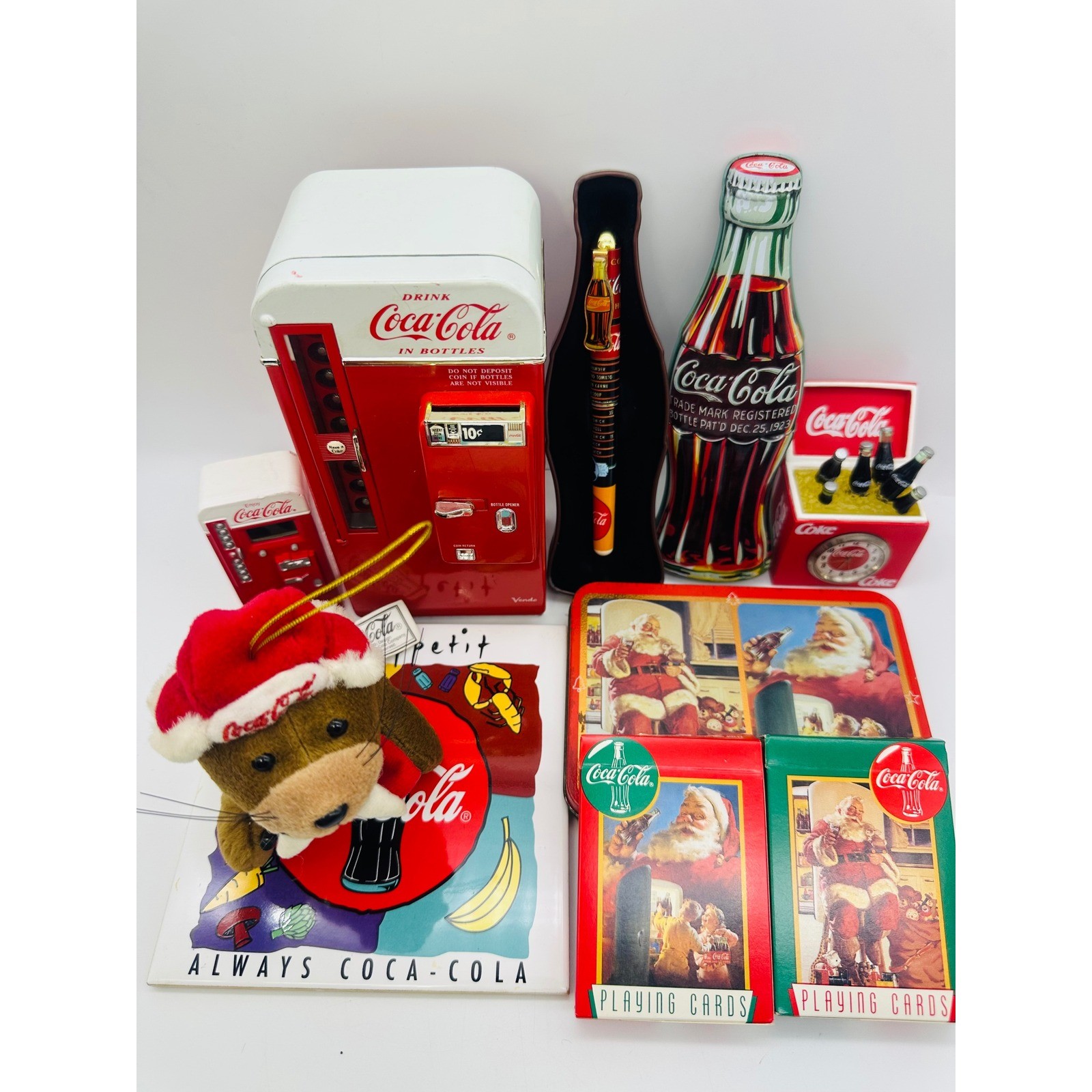 Vintage Coca-Cola Collectibles Lot Vending Machine Tin Clock Playing Cards Plush