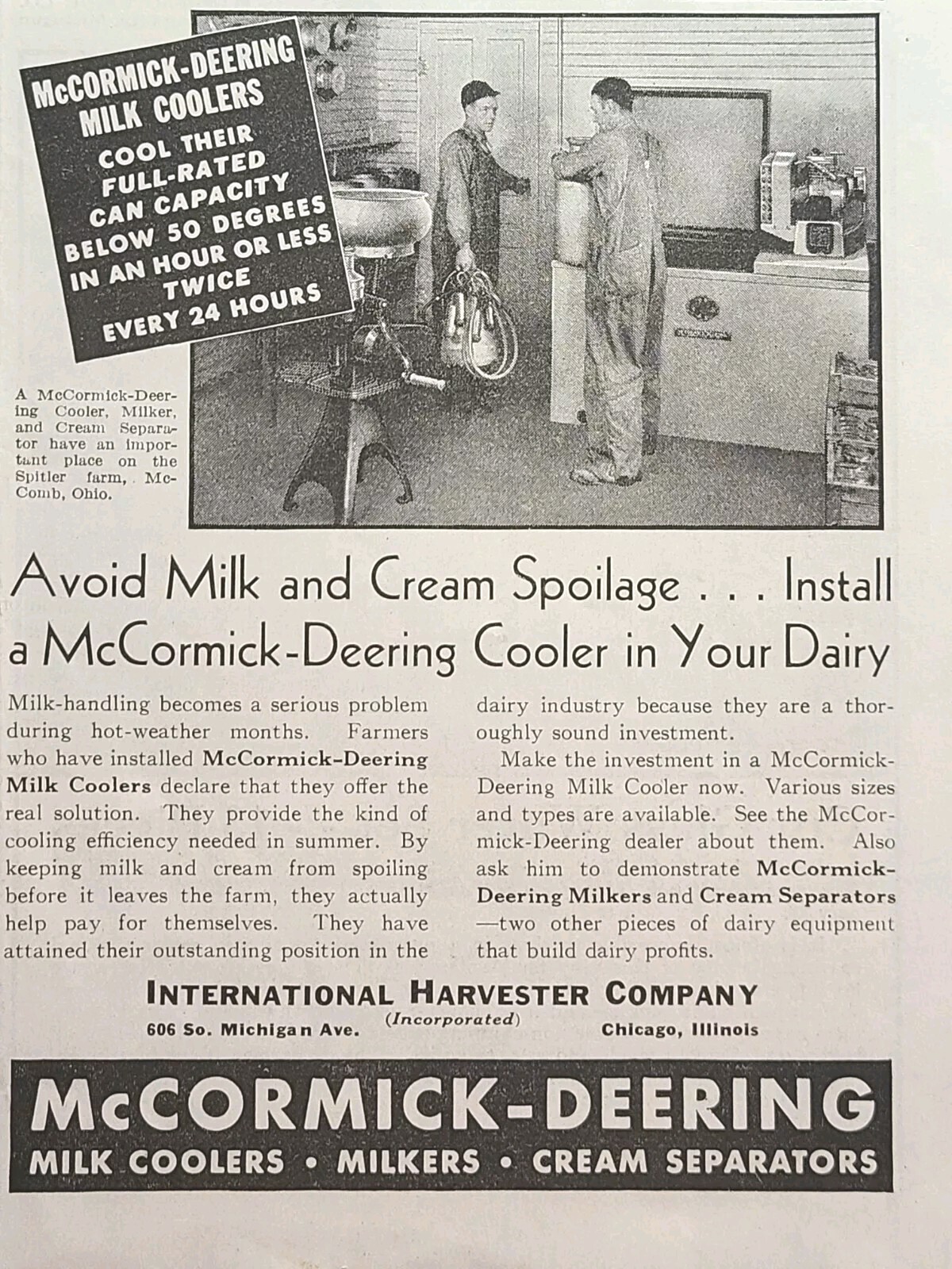 McCormick-Deering Dairy Cooler Milk Spitler Farm McComb OH Vintage Print Ad 1937