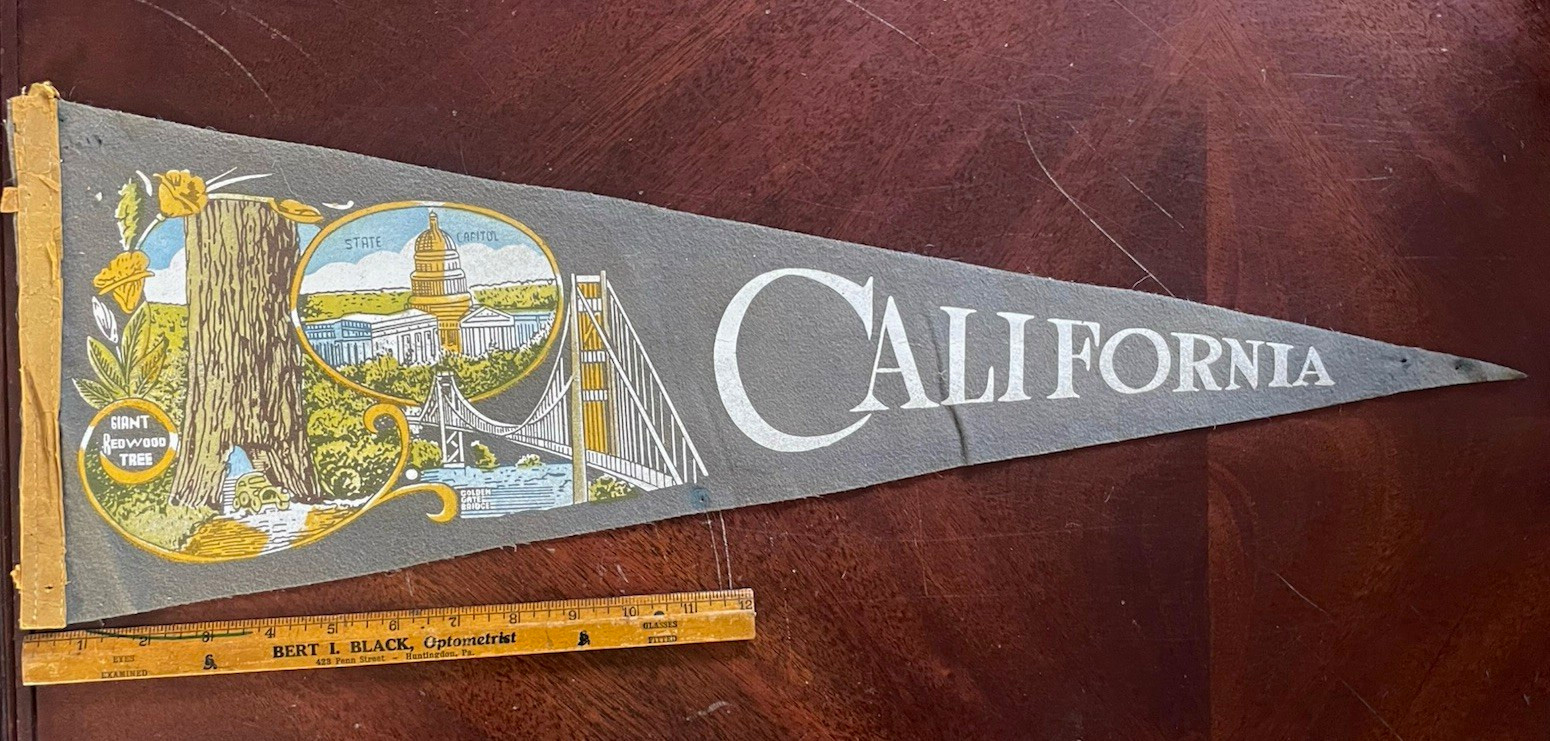Vintage California Felt Souvenir Pennant Gray with Graphic Design