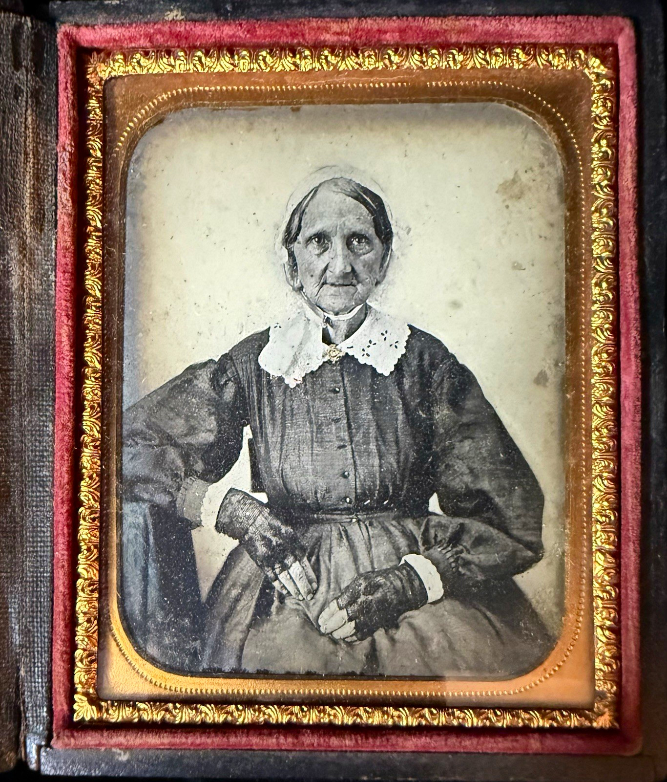 Antique 6th Plate Ambrotype B&W Portrait Photograph of  Elderly Woman Late 1850s
