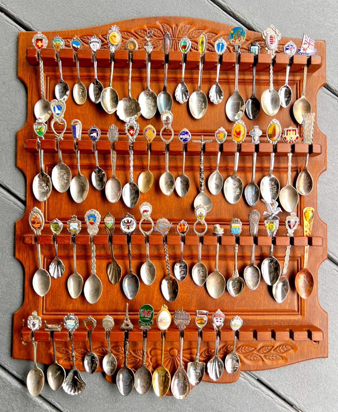 Vintage Wooden Spoon Rack 64 Slots With 60 Souvenir Spoons Some Silver Plate