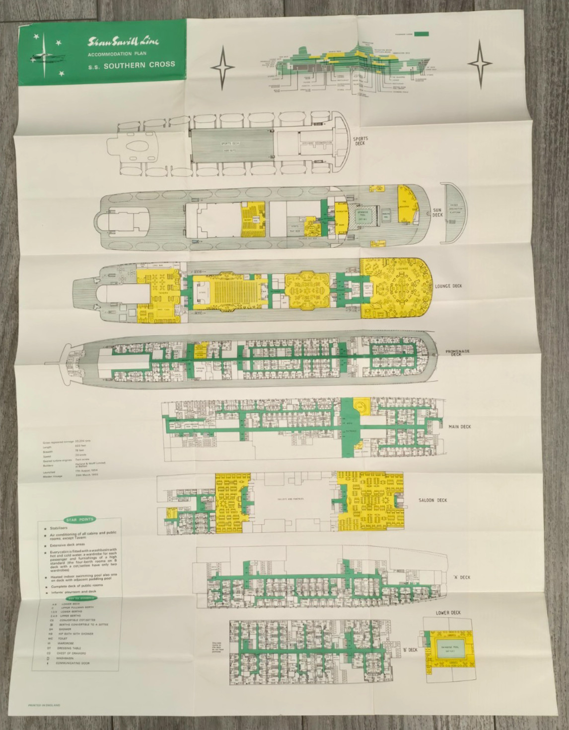 Shaw Savill Line SS Southern Cross Accommodation Deck Plan Cruise Ship 34x24