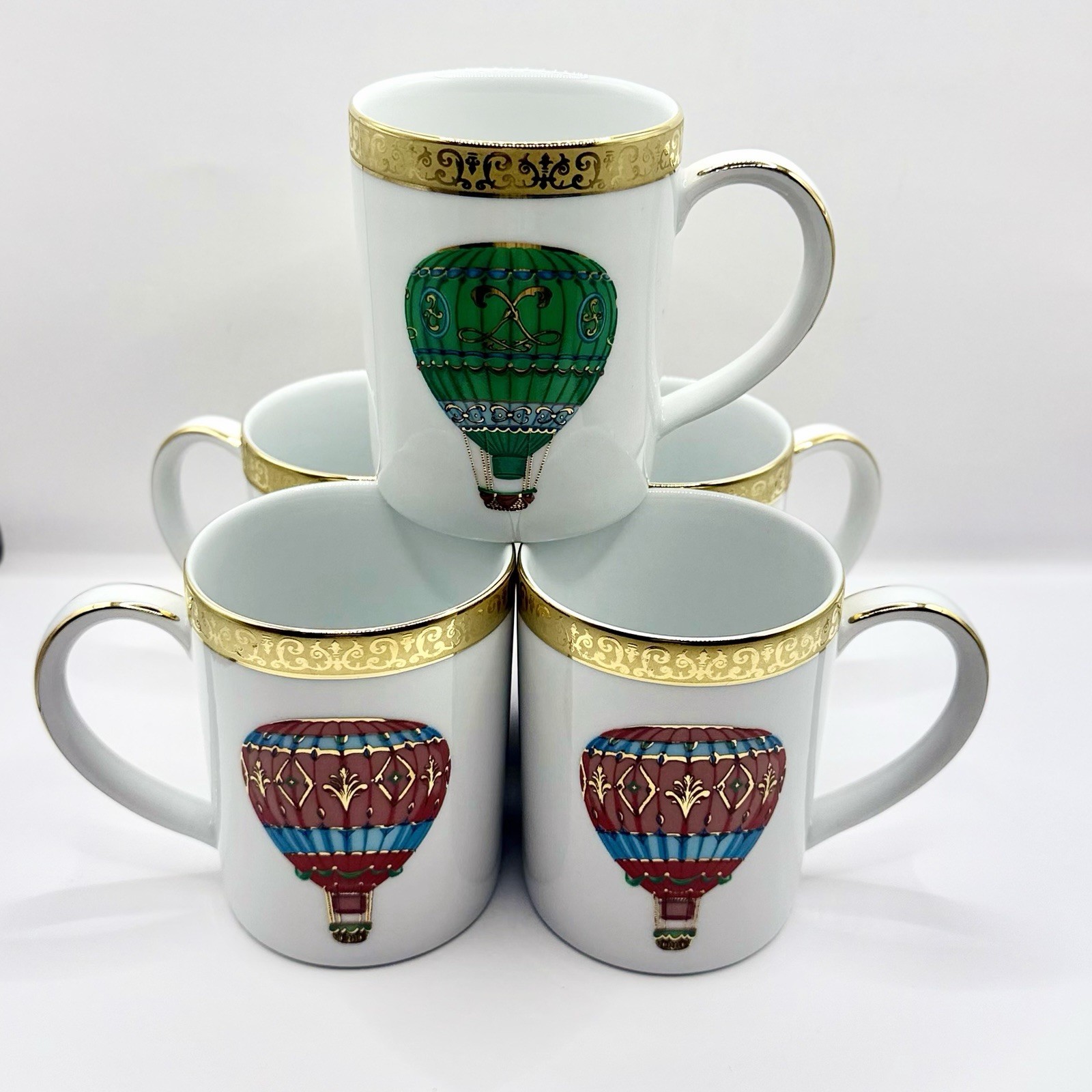 Vtg Royal Gallery Gold Buffet Hot Air Balloon Mugs Federated Dept Stores 5 Set