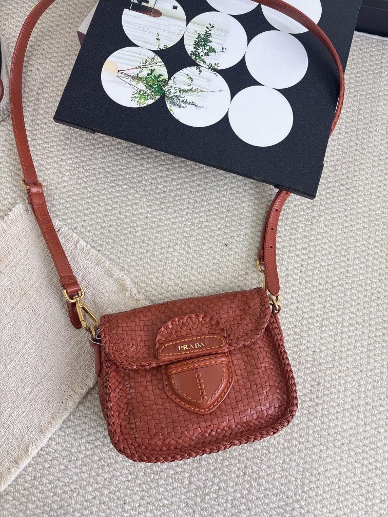 Pre-Owned Prada Woven Leather Flap Shoulder in Cognac