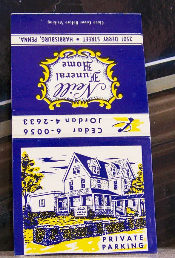  Rare Vintage Matchbook N1 Harrisburg Pennsylvania Neill Funeral Home Derry St