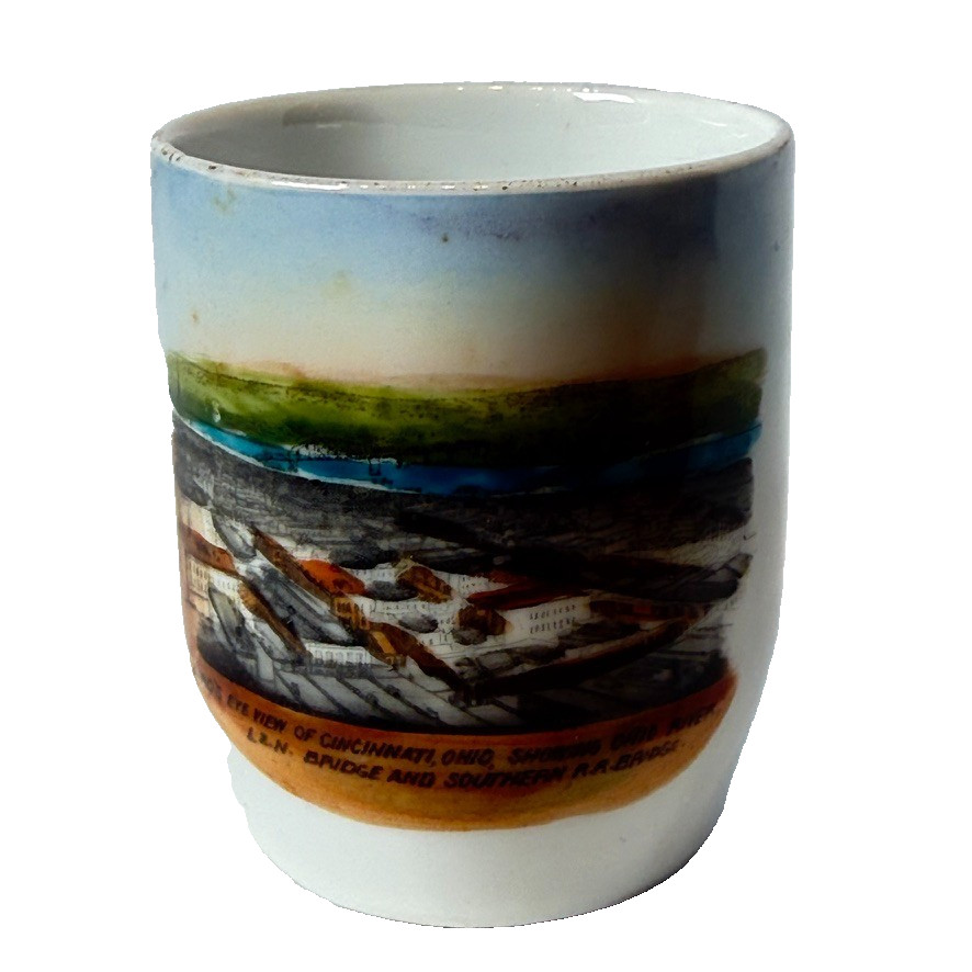 BIRDS EYE VIEW Cincinnati OHIO RR BRIDGE ANTIQUE Souvenir CHINA TRINKET CUP