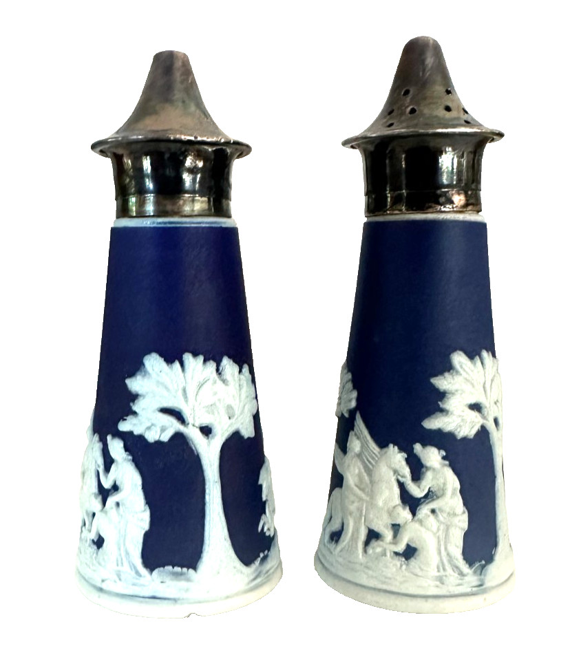 Antique English Cobalt Blue Jasperware Salt & Pepper Shakers EPNS Tops Pegasus