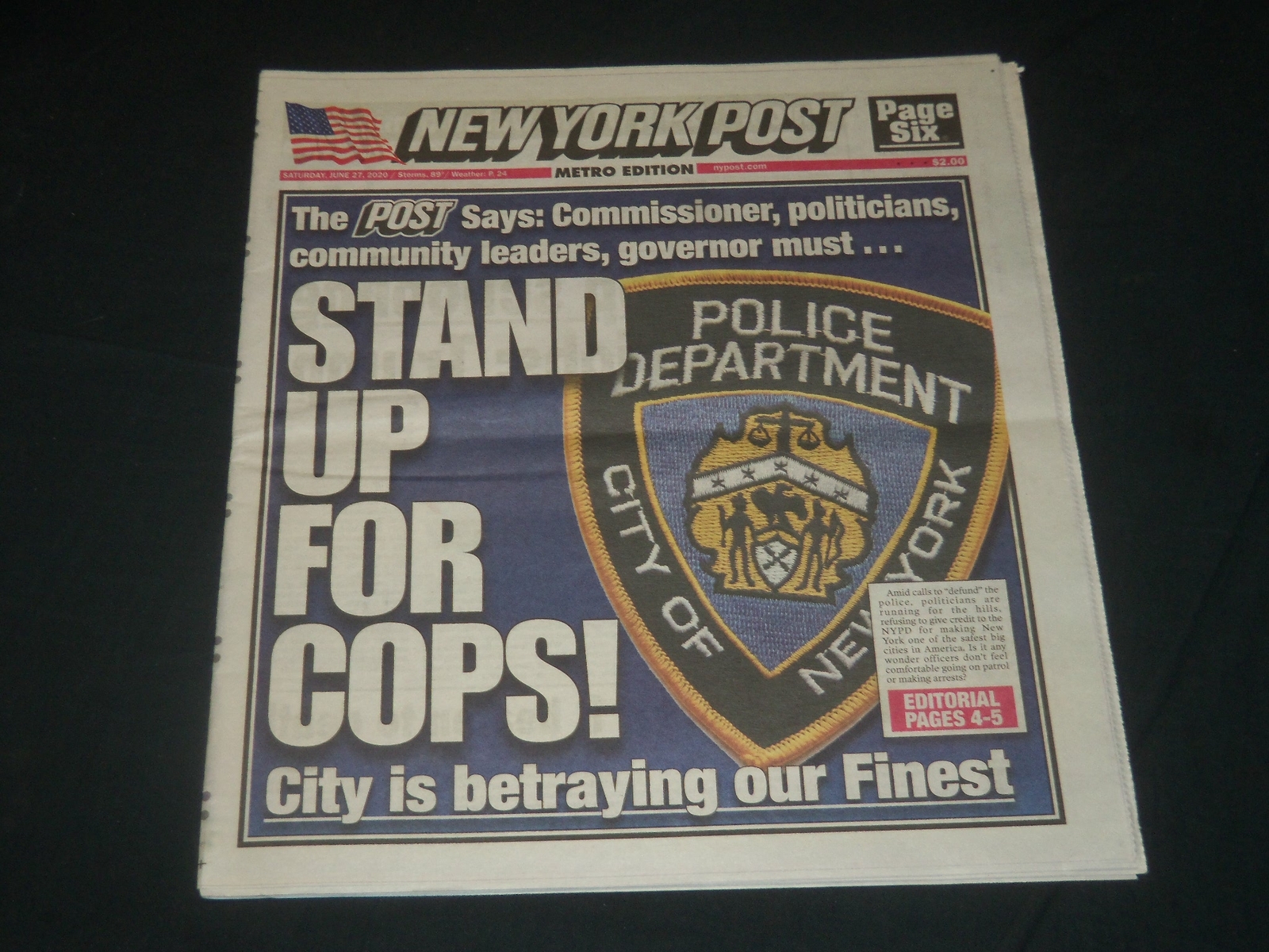 2020 JUNE 27 NEW YORK POST NEWSPAPER - STAND UP FOR COPS - BETRAYING OUR FINEST