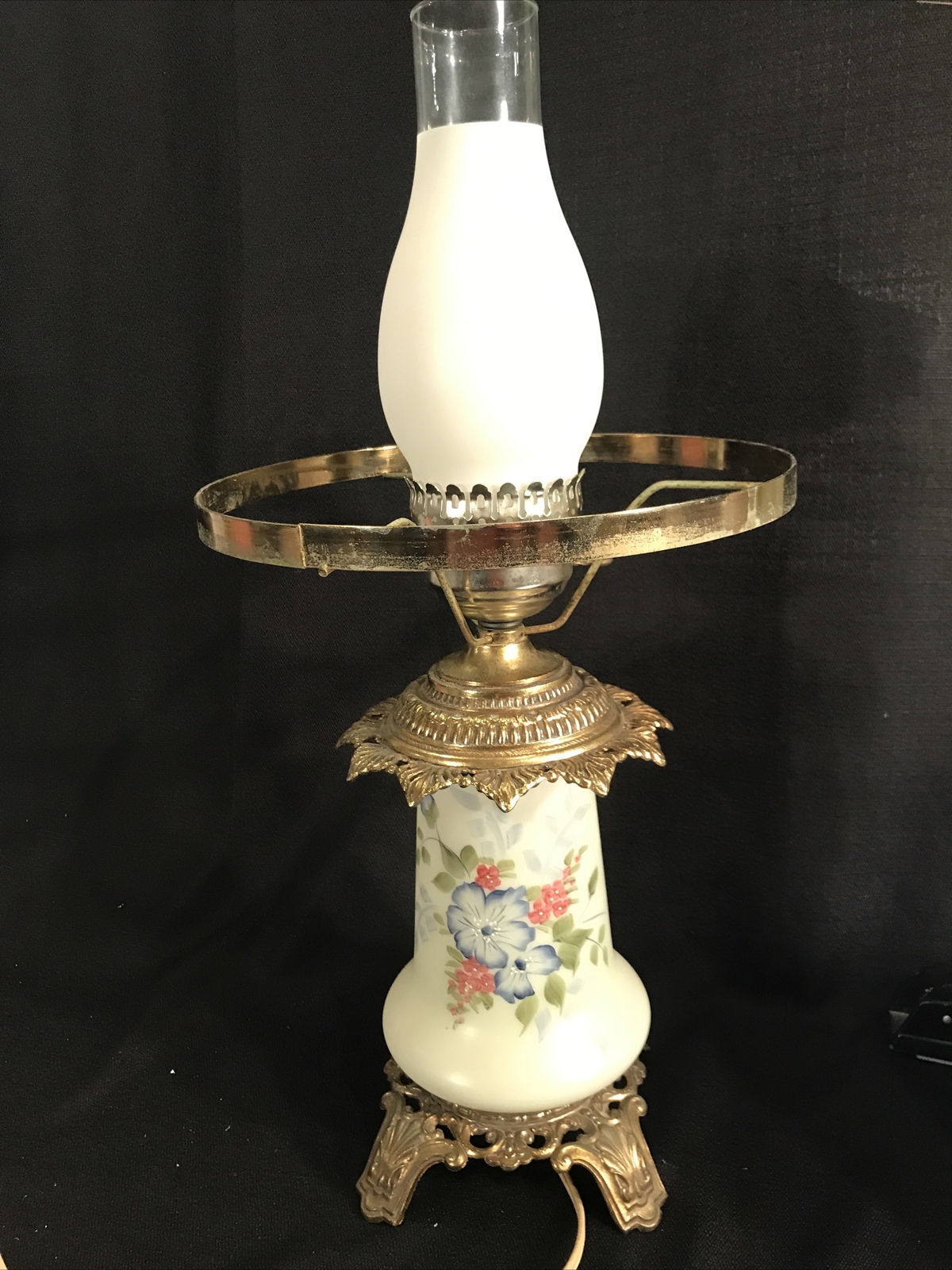 ADORABLE 3 Way Vintage Hurricane Lamp Base Hand Painted Floral 21