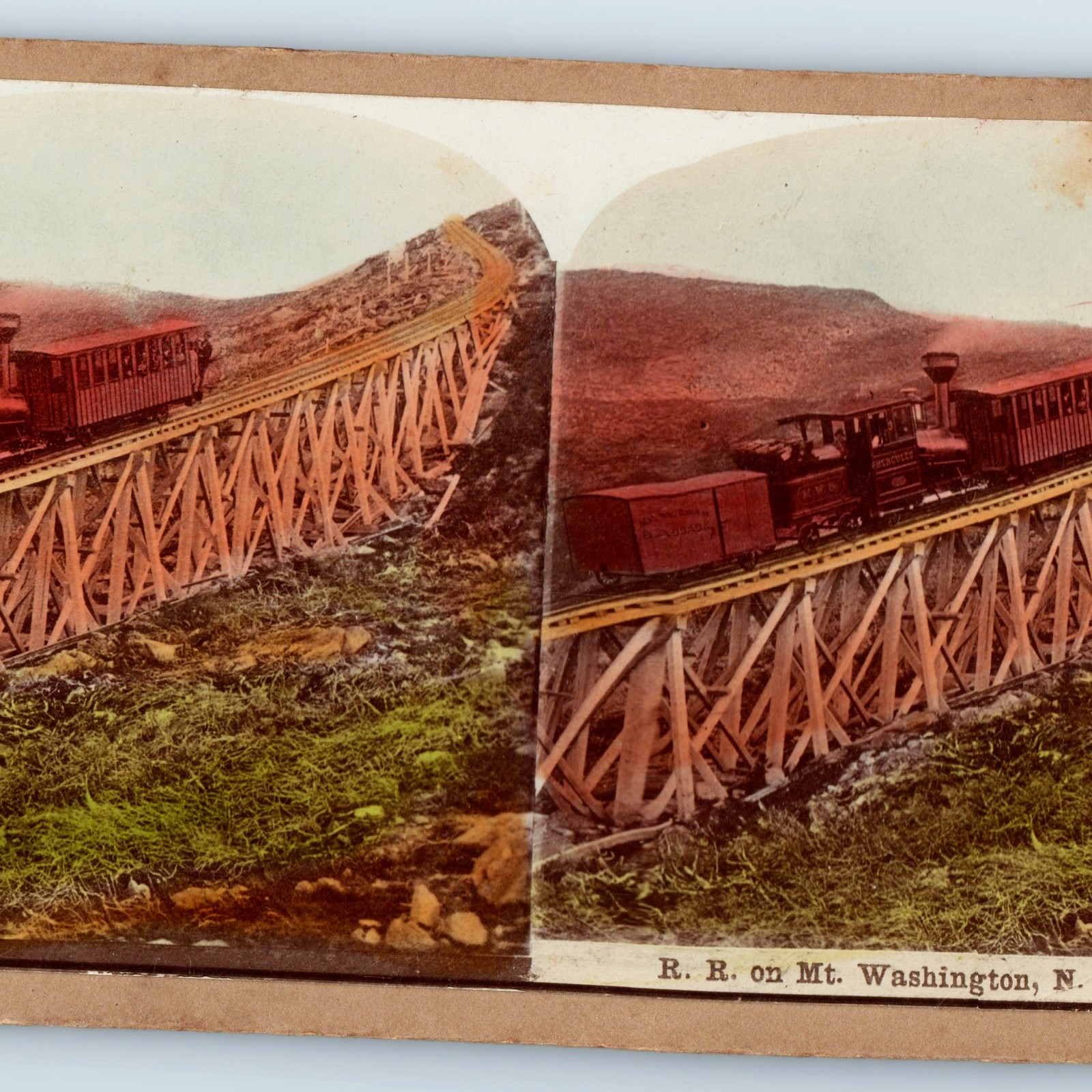 c1880s Mt Washington NH Railroad Hercules Train Trestle Bridge Real Photo Stereo