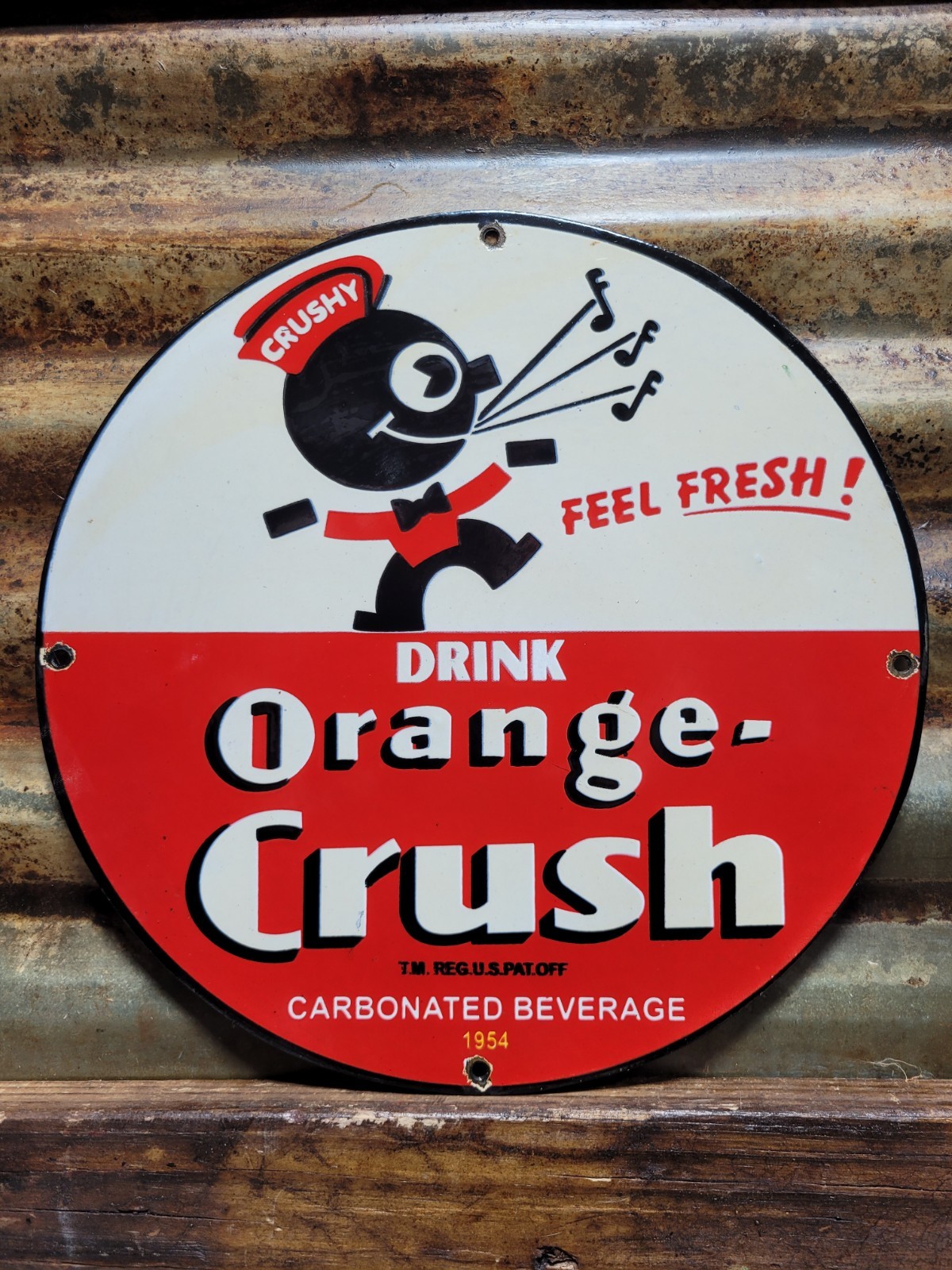 VINTAGE ORANGE CRUSH PORCELAIN SIGN OLD 1954 SODA POP COLA BEVERAGE DRINK CRUSHY
