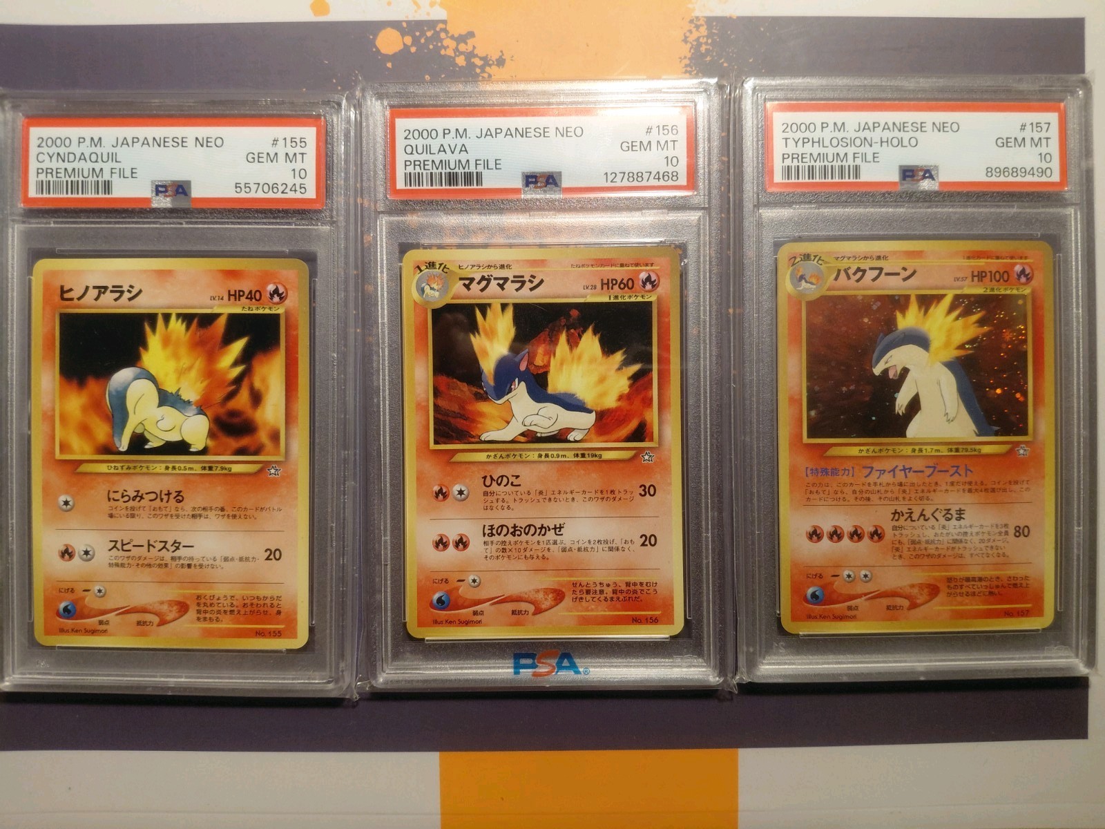 2000 Typhlosion Quilava Cyndaquil PSA 10 Premium File 155 156 157 Pokemon Neo 