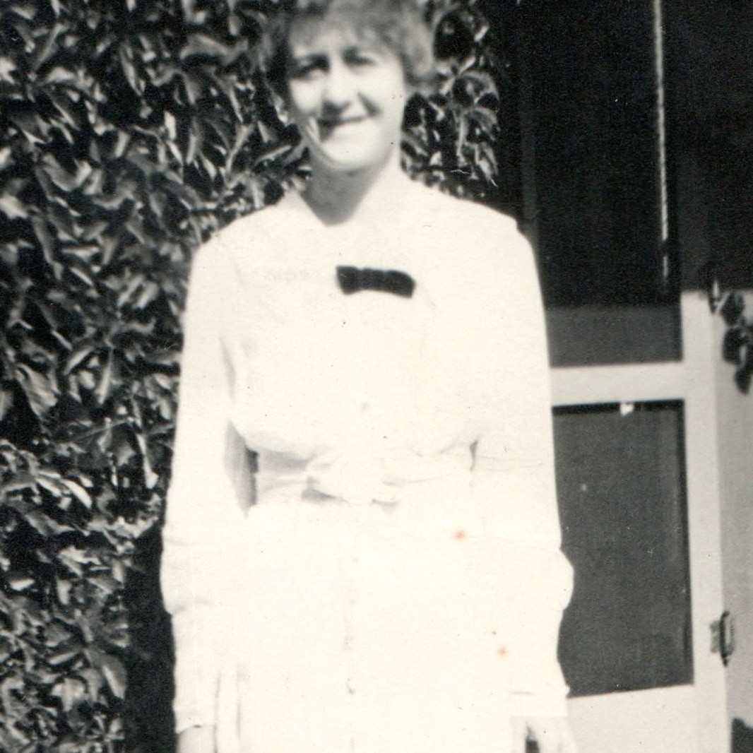 1916 Woman Walking Cat Garden Porch Snapshot Photo Kitten Pet White Dress Yard