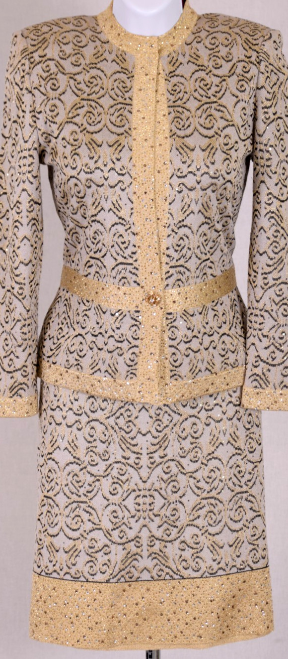 ST.JOHN Women 3Pc. Beige Gold Black Sequins Studs Jacket, Top,  Skirt Sz 4