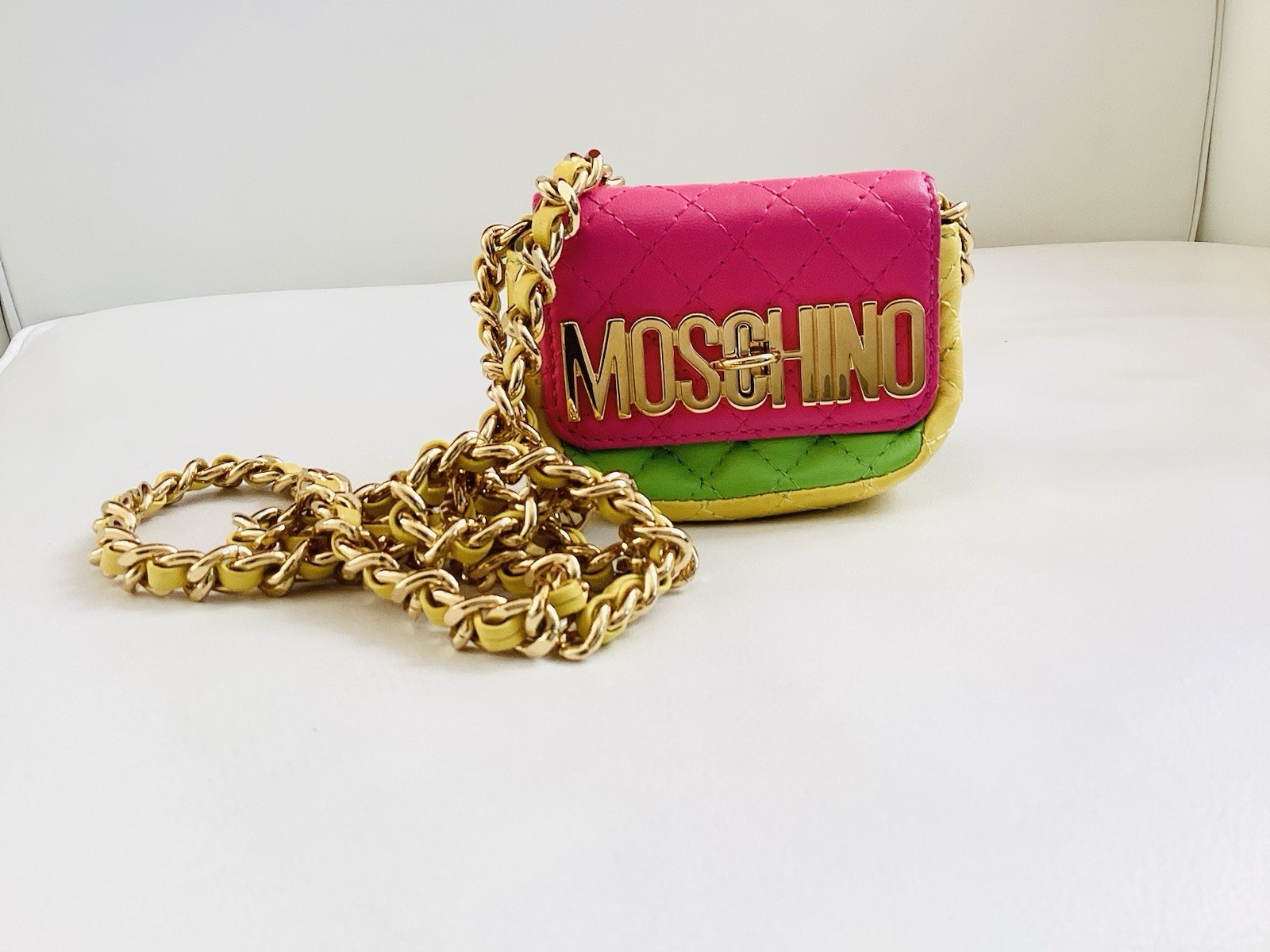 Moschino Quilted Mini Crossbody/ Belt Bag in Pink, Green, Yellow & Gold
