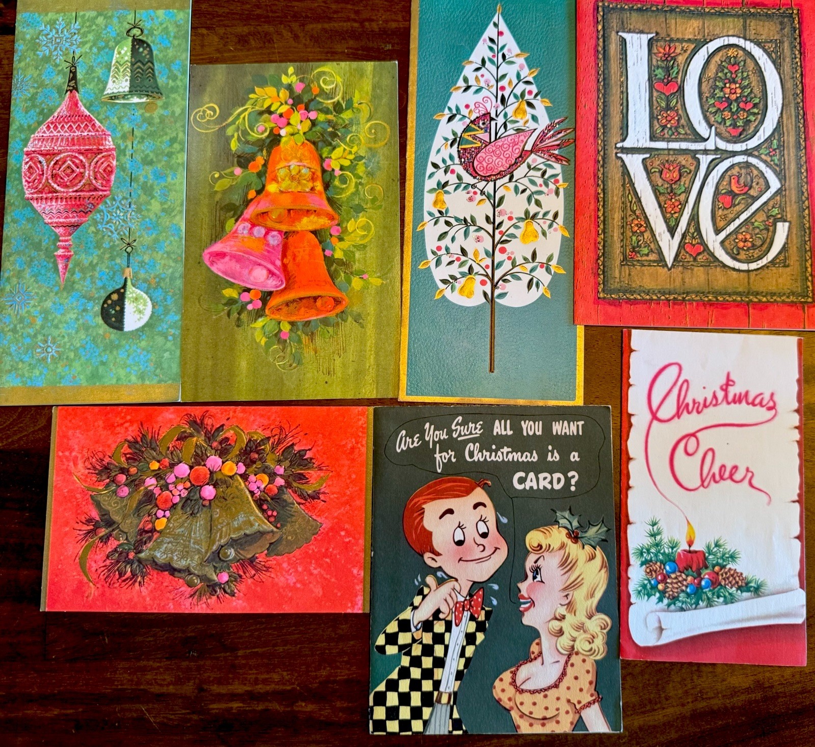 Lot of 7 Vintage MCM Holiday/Christmas Cards 1950s/1960s Mod Groovy Unused