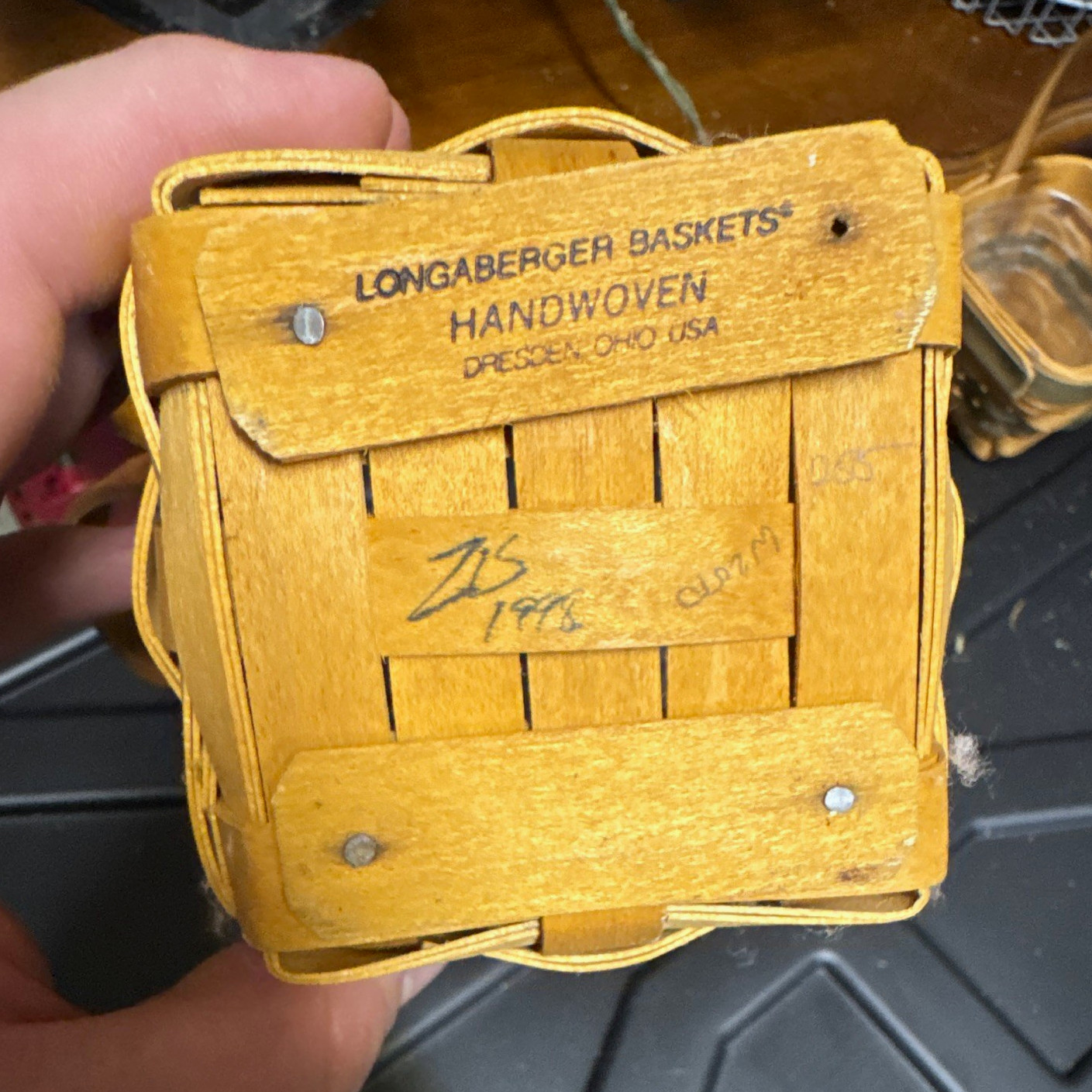 Longaberger 1996 Handmade Woven Wood Square Mini Basket w/ Handle Brown