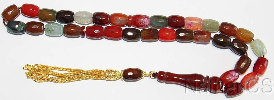 LUXURY PRAYER BEADS TESBIH FACETED BARREL CRACKLE MULTICOLOR AGATE & VERMEIL XXR