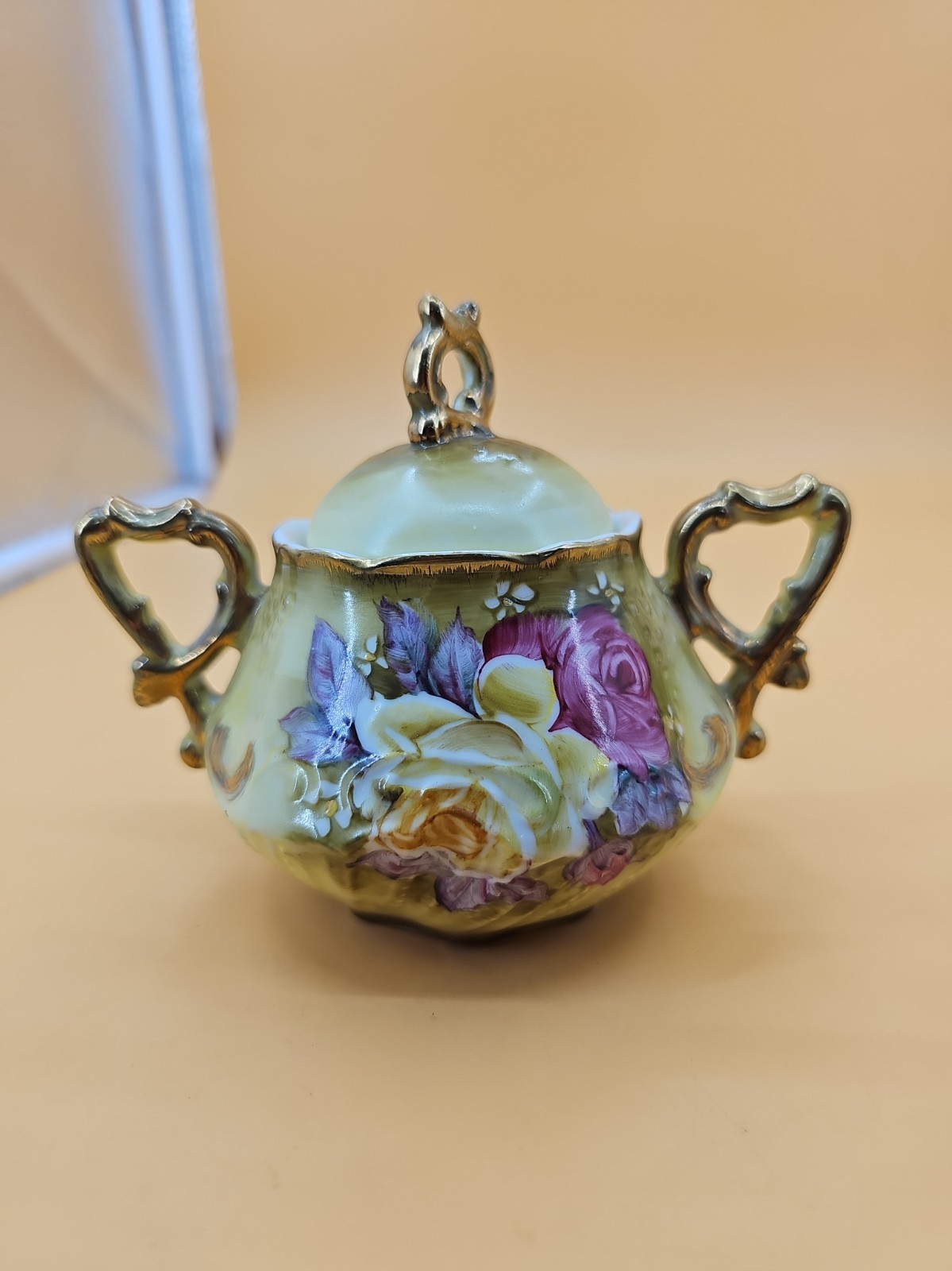 VINTAGE HAND PAINTED NIPPON  PINK YELLOW ROSES SUGAR BOWL GOLD TRIM