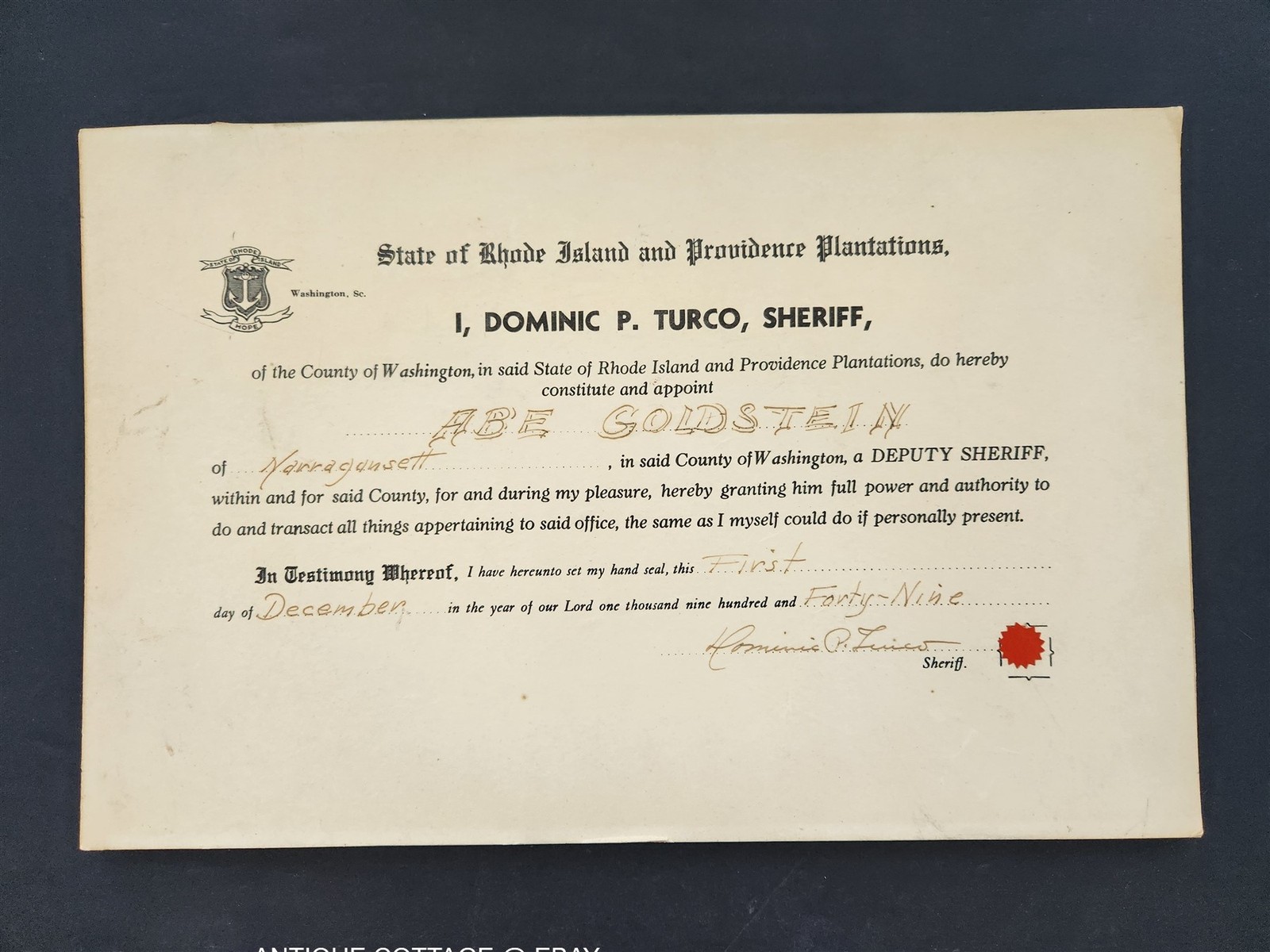1949 vintage ABE GOLDSTEIN appoint DEPUTY SHERIFF narragansett ri DOMINIC TURCO