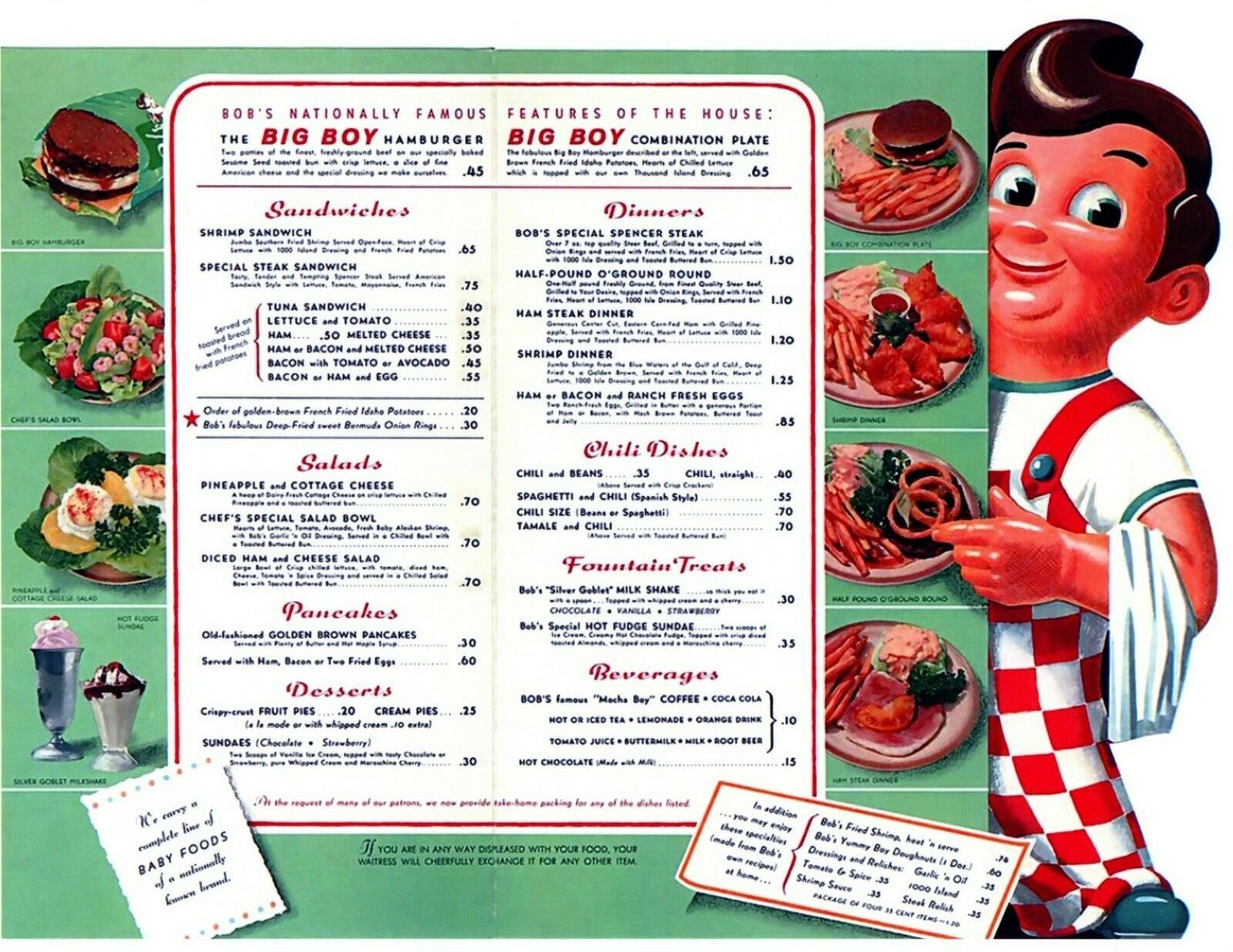 EARLY BOB'S BIG BOY RESTAURANT  MENU 5x7 DESK SIZE GLOSSY HAMBURGERS VINTAGE