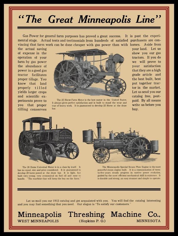 1912 Minneapolis Threshing Machine Gas & Steam Tractors NEW Metal Sign: 12x16