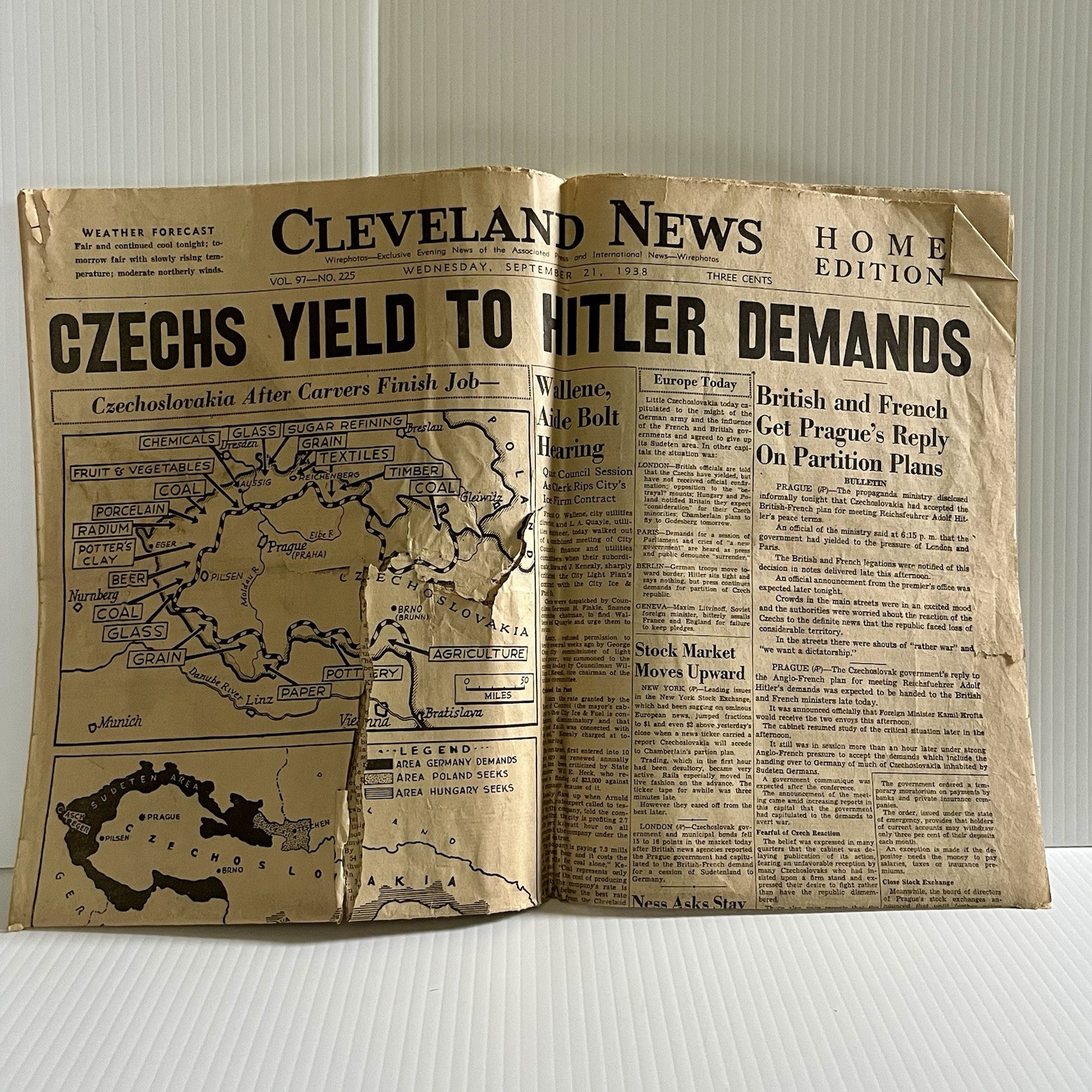 1938 The Cleveland News Newspaper w Front page Hitler Czech Headline Advertising