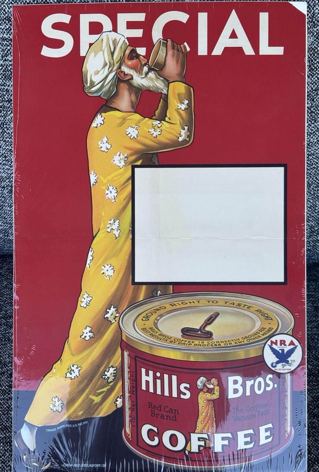 Vintage 1934 Hills Bros Coffee Paper Store Window Poster Sign Adform 136 NRA