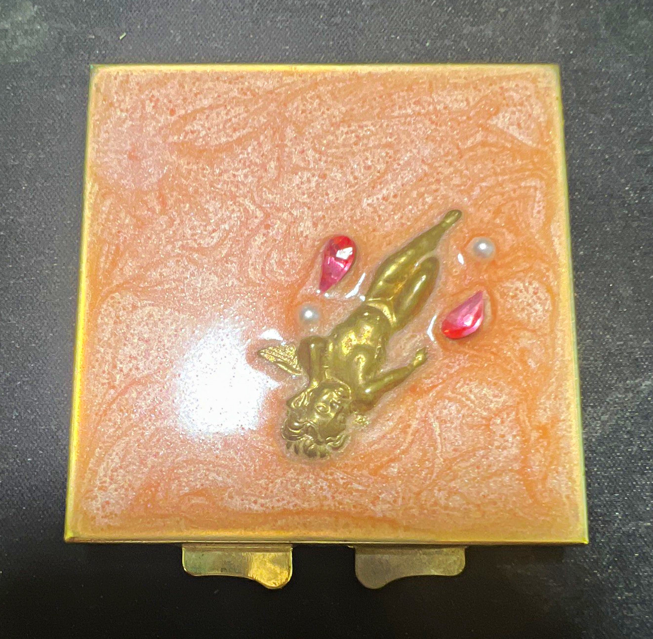 Vintage Gold-Tone Cherub Angel Double Compact Mirror Vanity Pink