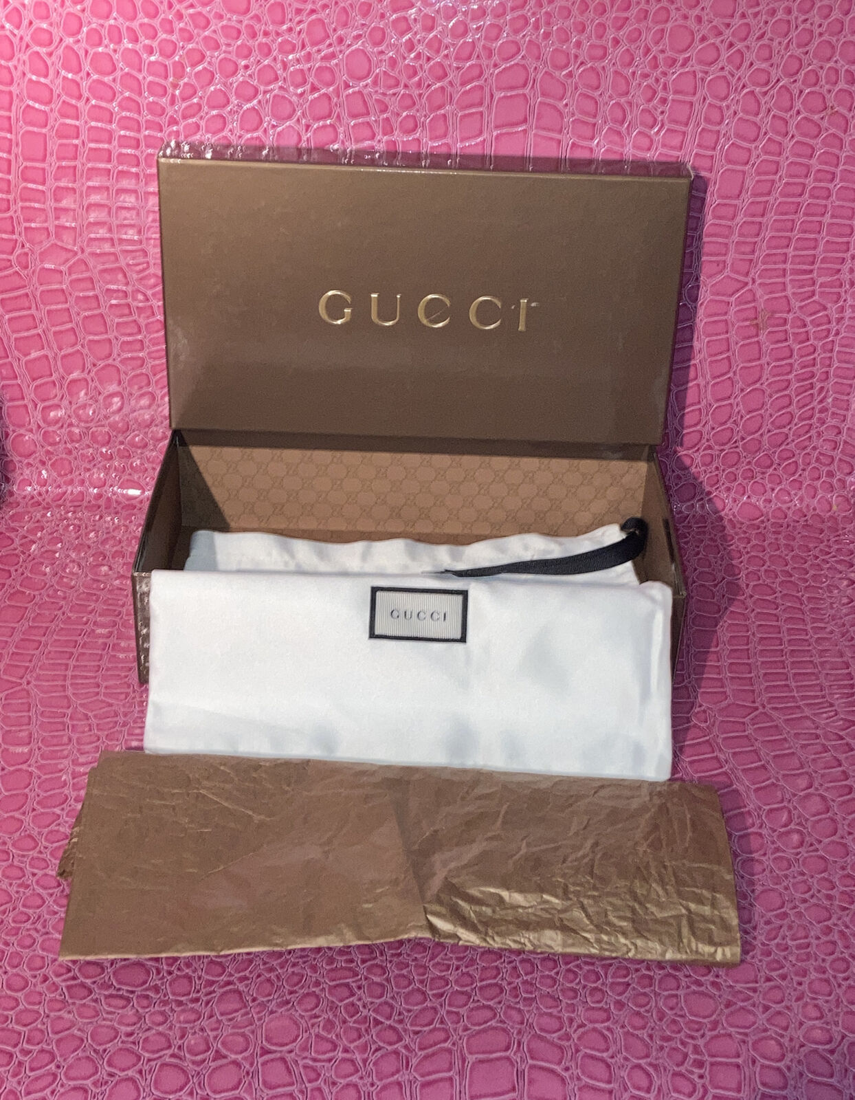 Gucci Brown Empty Box 9.75 x 5.25 x 2.5” W/ Dust Bag & Wrapping Paper.