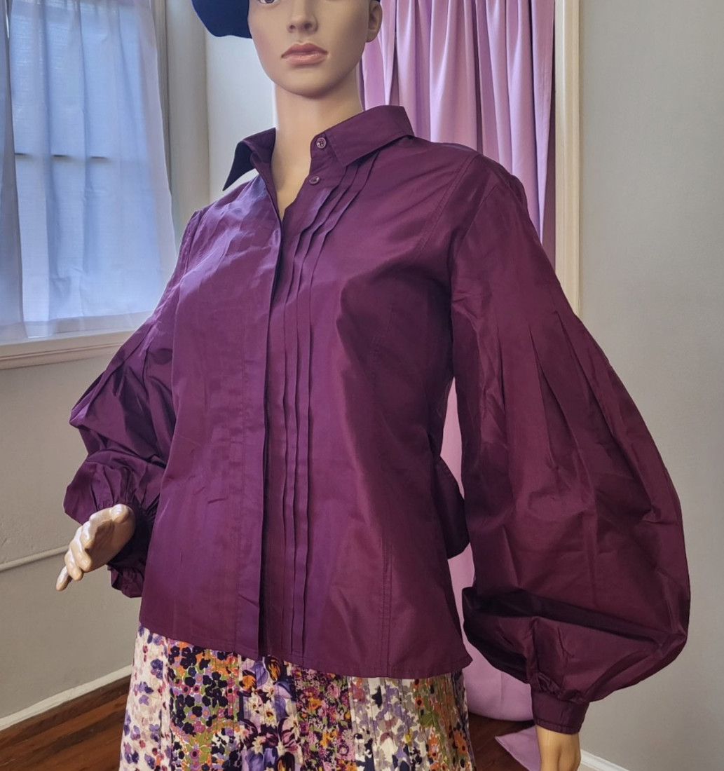 ETRO Plum Purple Silk Taffeta Pleated Button Front Blouse