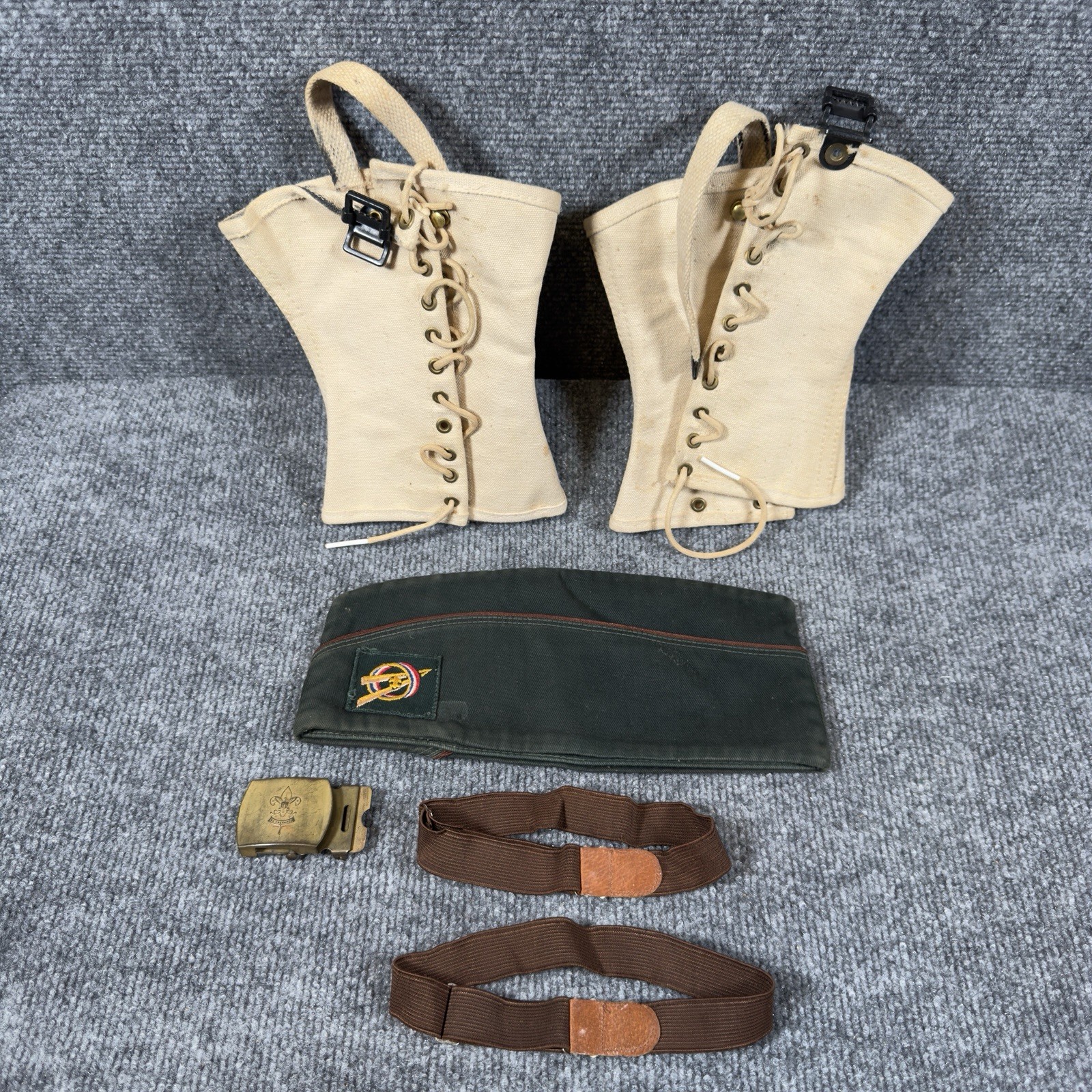 Vintage 30s-60s Boy Scouts BSA Lot Garrison Cap Belt Buckle Leggings Garters EUC