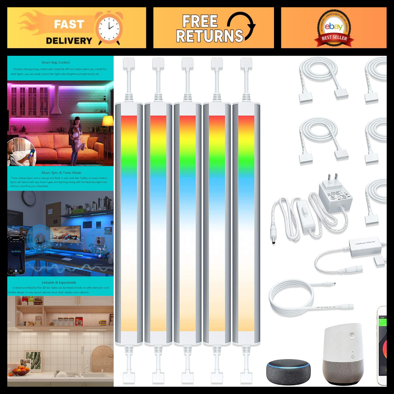 Smart LED Under Cabinet Lights, RGBW 6-Bar Kit