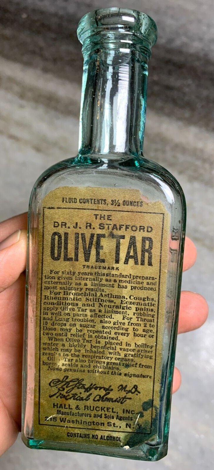 Antique Stafford\'s Staffords OLIVE TAR Medicine Bottle New York Label Labeled