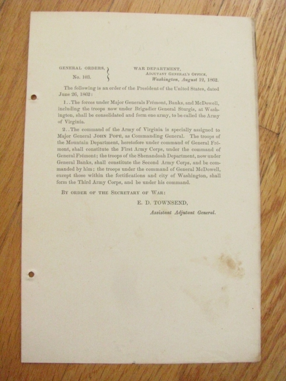 CIVIL WAR GENERAL JOHN POPE ARMY OF VIRGINIA COMMAND ORDER 1862