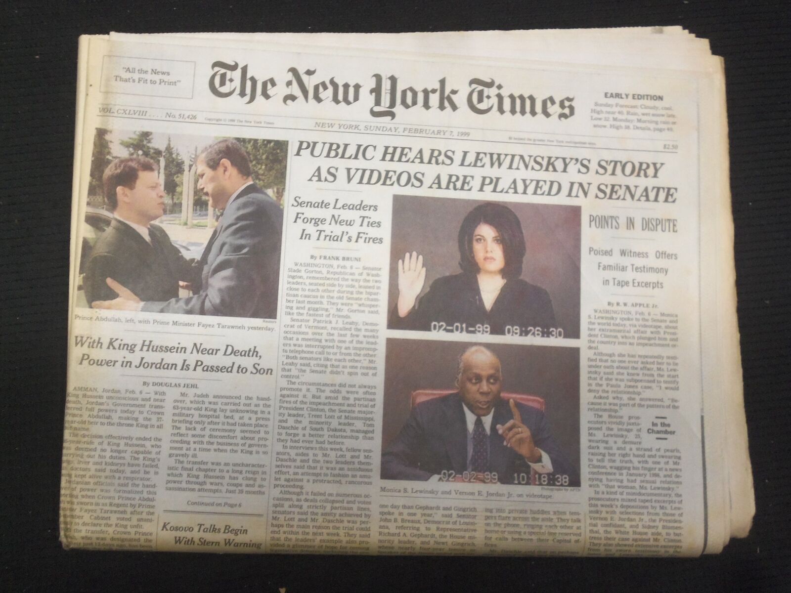 1999 FEB 7 NEW YORK TIMES NEWSPAPER - PUBLIC HEARS LEWINSKY'S STORY - NP 6990