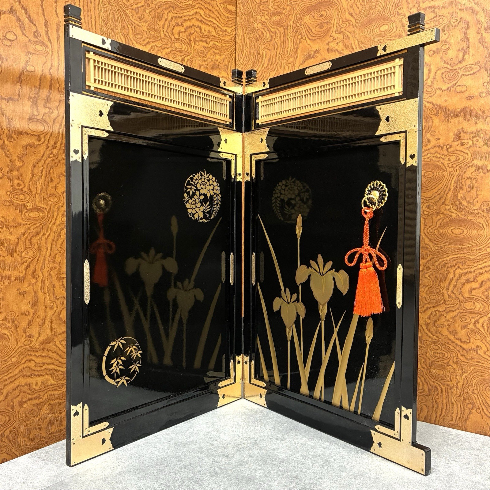 Vintage Japanese Byobu Folding Screen Gold Lacquer Iris Art Display Decor Japan