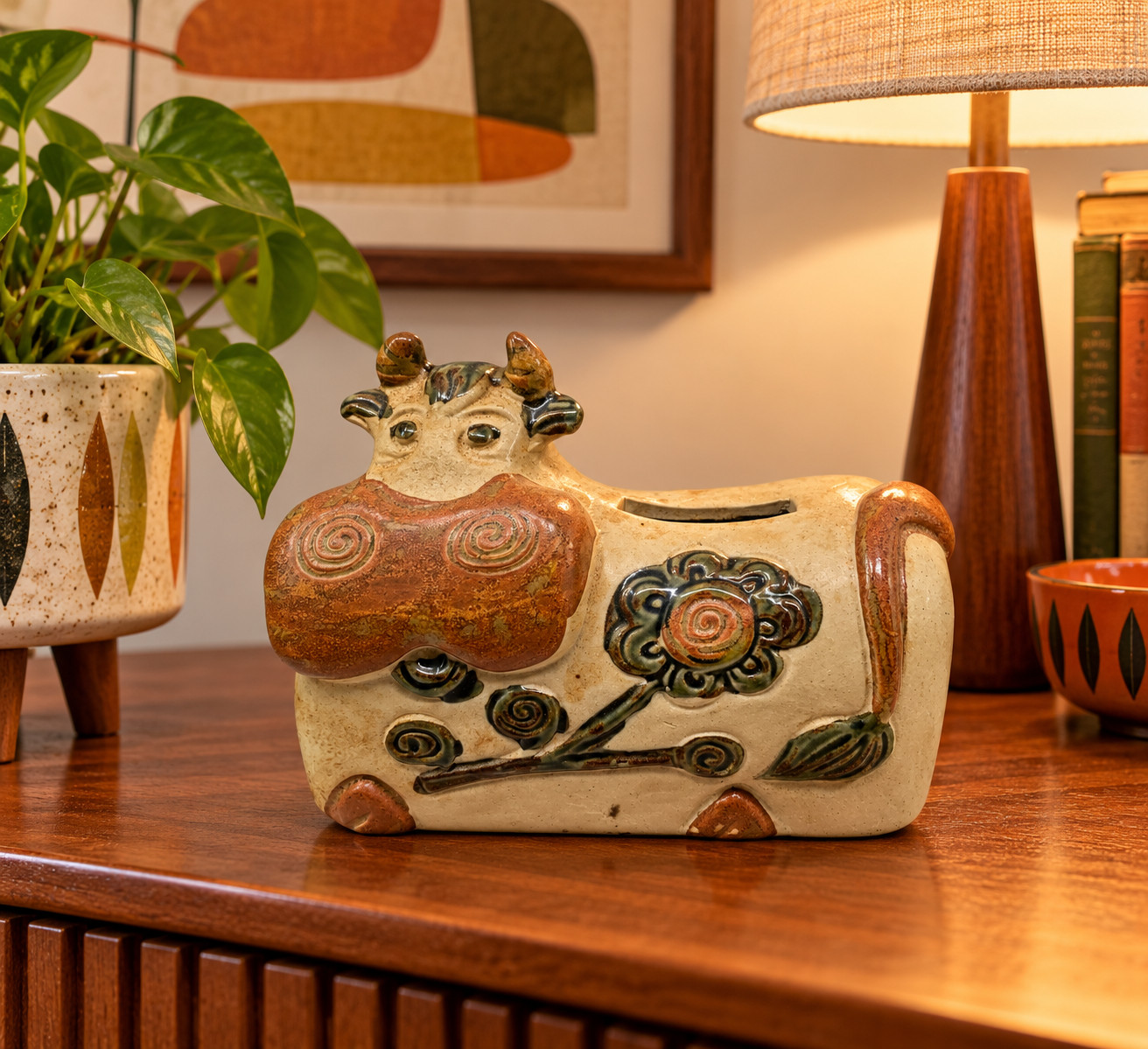 Vintage Counterpoint Cow Coin Bank MCM Folk Art Pottery Japan San Francisco