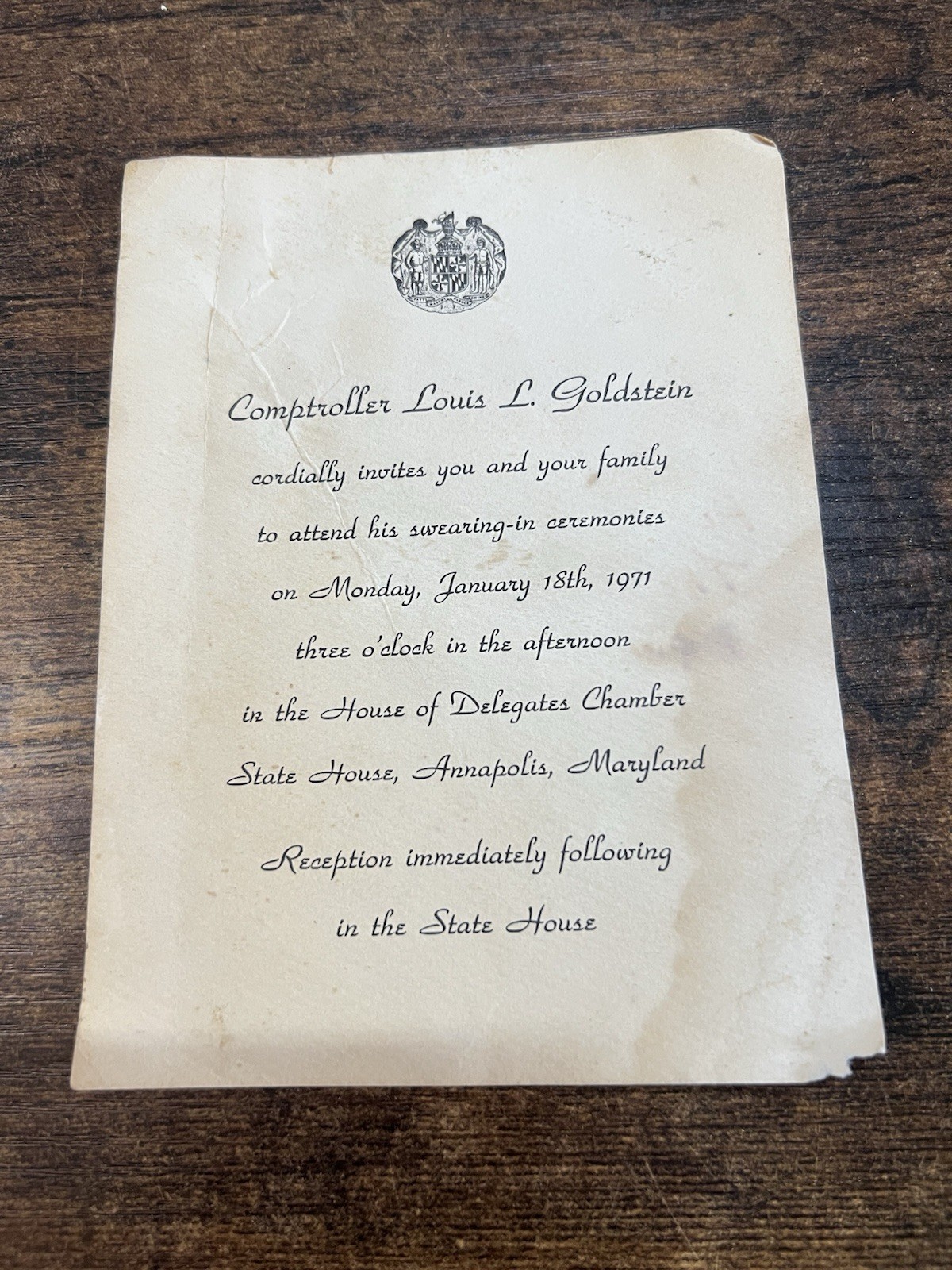 1971 Maryland Comptroller Swearing In Invitation Annapolis Political Ephemera