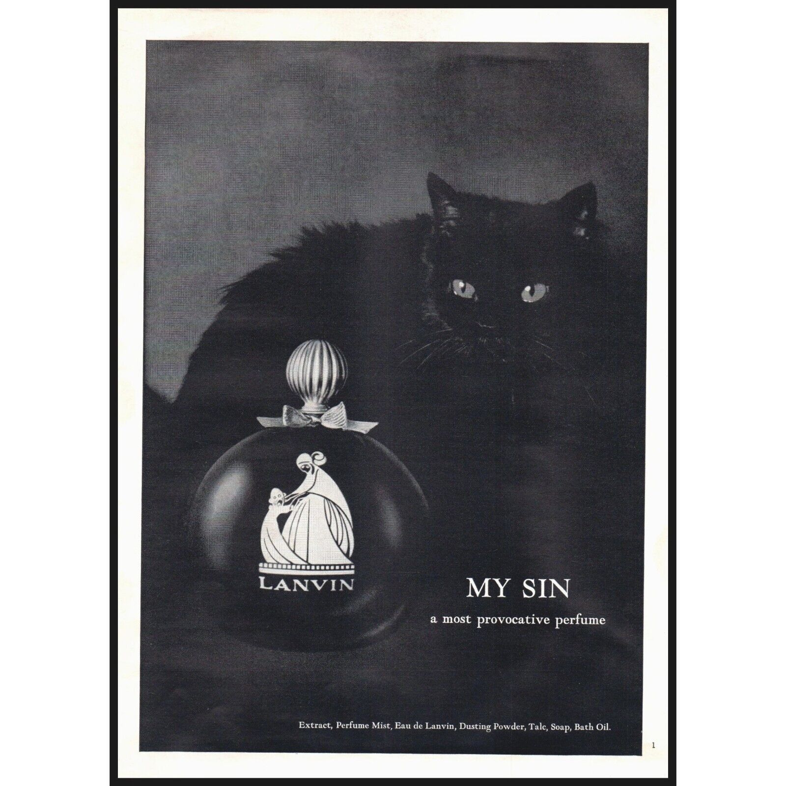 1965 Lanvin My Sin Perfume Vintage Print Ad Black Cat Bottle Wall Art Photo