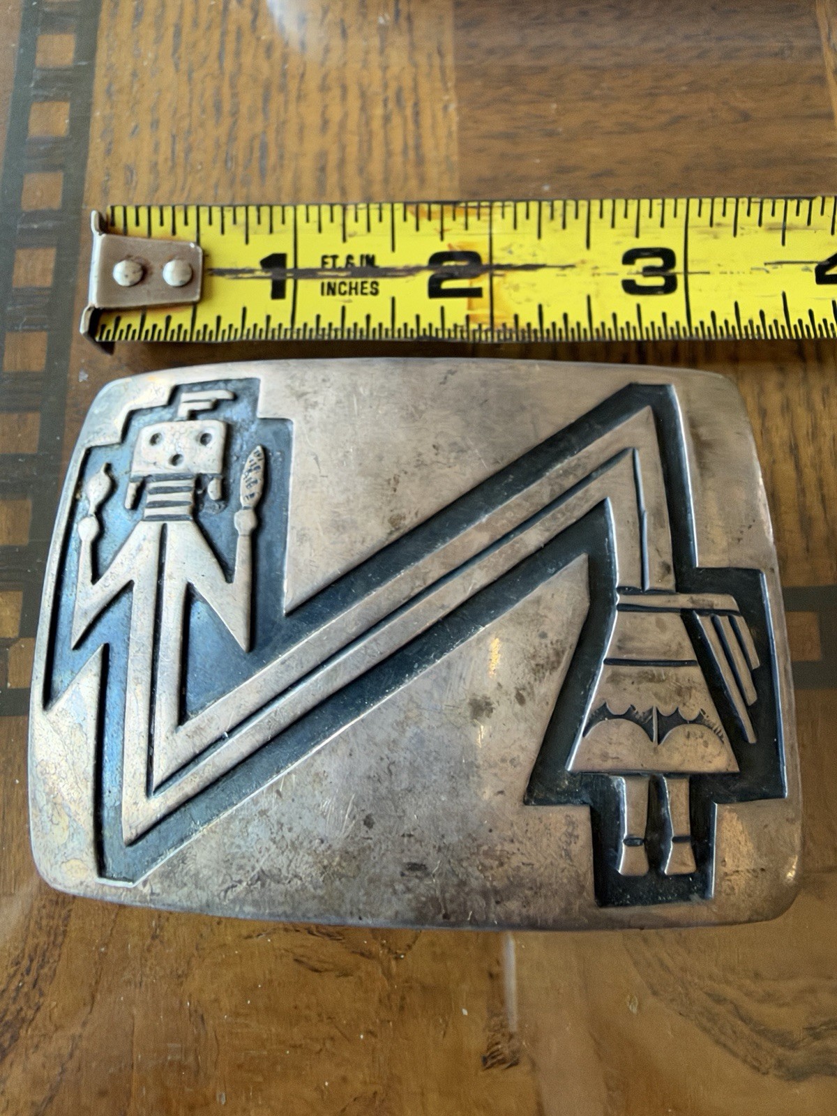 Vintage Hopi Style Sterling Silver Overlay Belt Buckle Katsina Figures 83g.