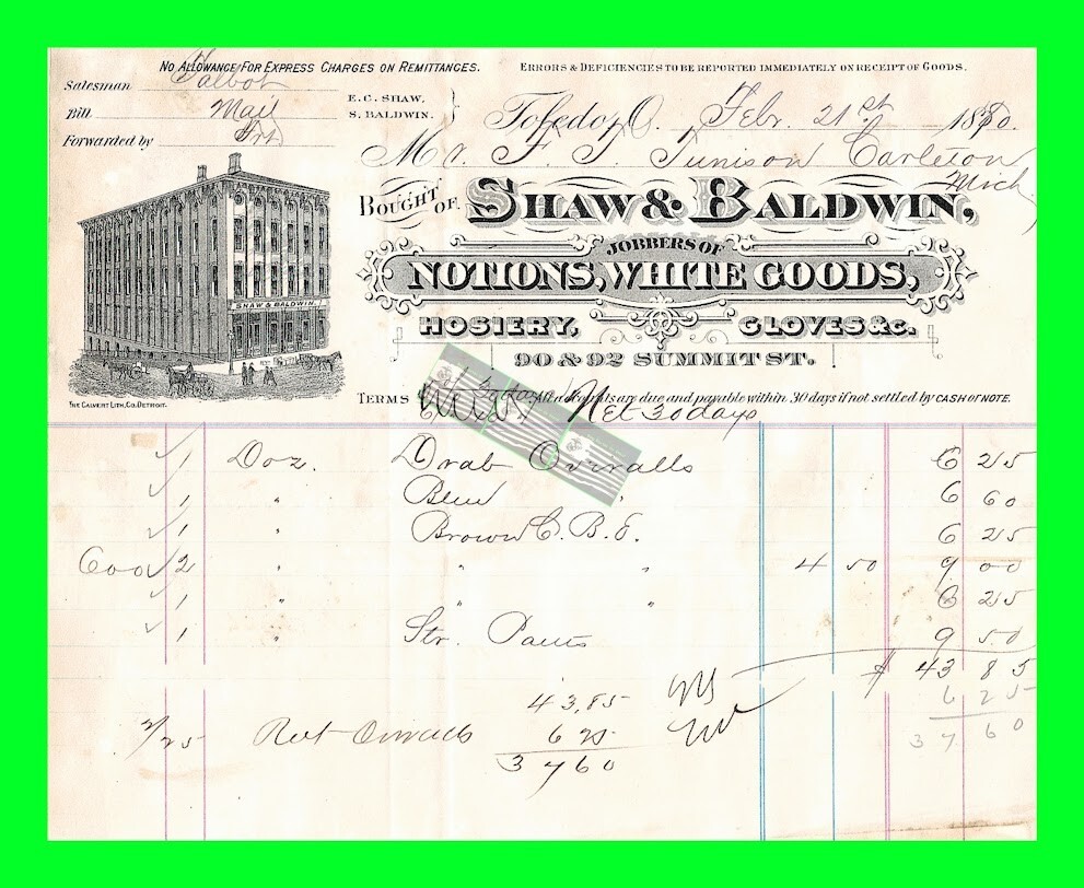 1880 Toledo, OH Shaw & Baldwin Notions, White Goods, And Gloves Letter Head Bill