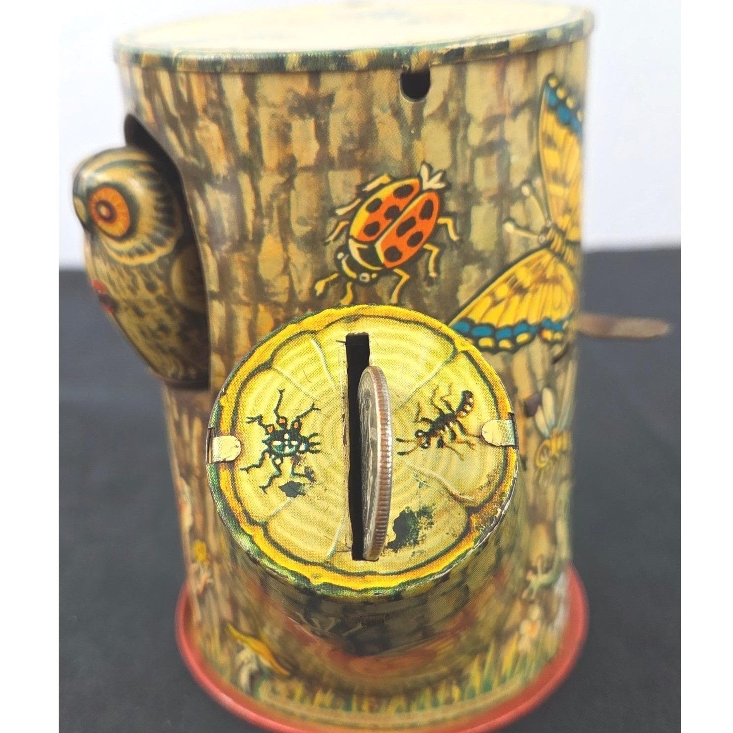 Vintage 1961 West German Tin Litho Mechanical Owl Tree Stump Toy Bank Balleis