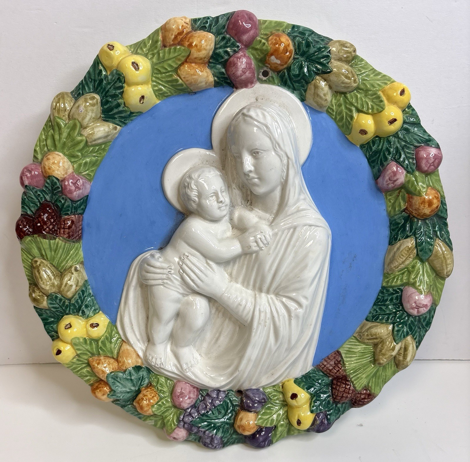 Vintage Italian Majolica 11.75” Della Robbia Madonna & Child Ceramic Rare
